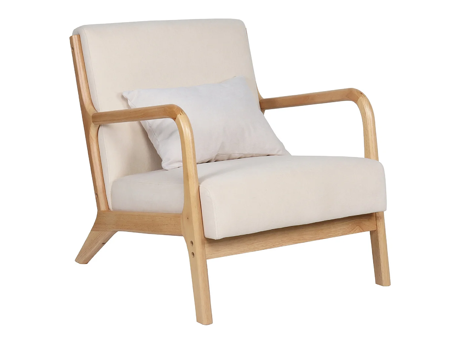 Fauteuil rembourré en tissu microfibre beige avec pieds en bois massif naturel - Longueur 65 x Profondeur 83 x Hauteur 72 cm