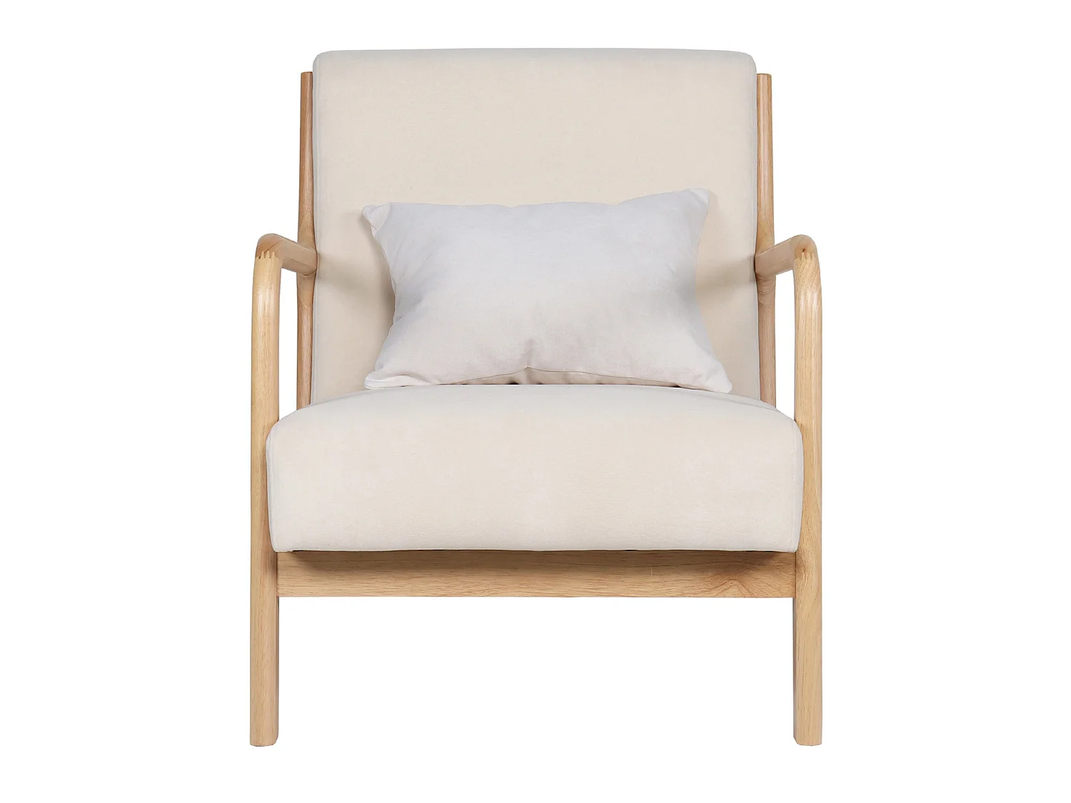 Fauteuil rembourré en tissu microfibre beige avec pieds en bois massif naturel - Longueur 65 x Profondeur 83 x Hauteur 72 cm