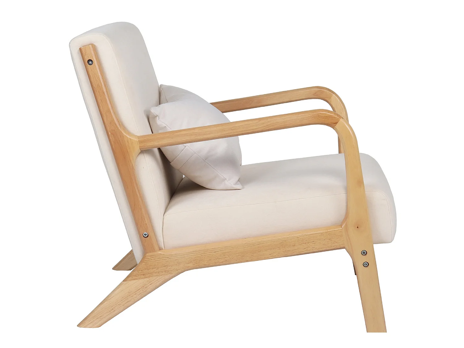 Fauteuil rembourré en tissu microfibre beige avec pieds en bois massif naturel - Longueur 65 x Profondeur 83 x Hauteur 72 cm