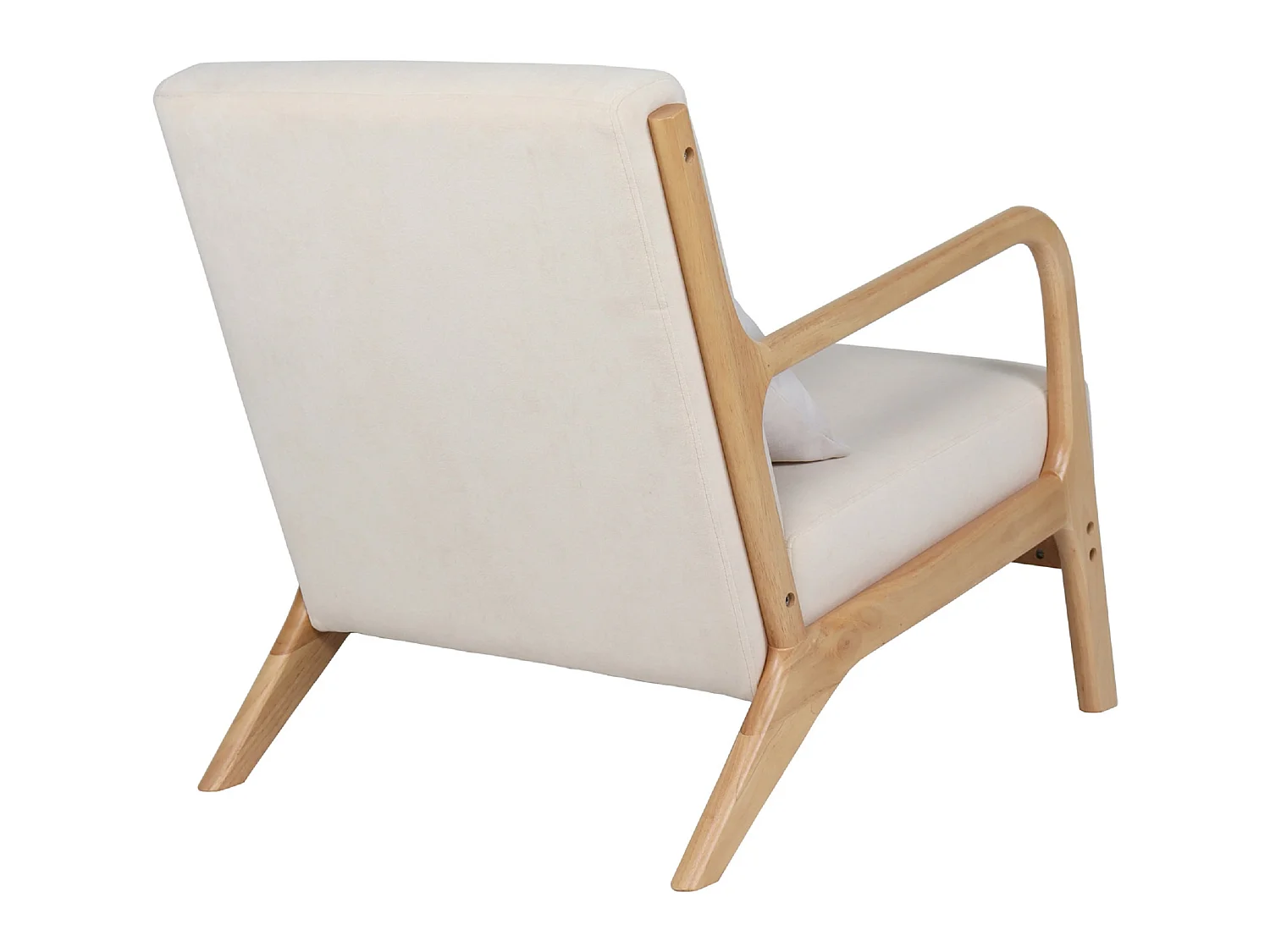 Fauteuil rembourré en tissu microfibre beige avec pieds en bois massif naturel - Longueur 65 x Profondeur 83 x Hauteur 72 cm