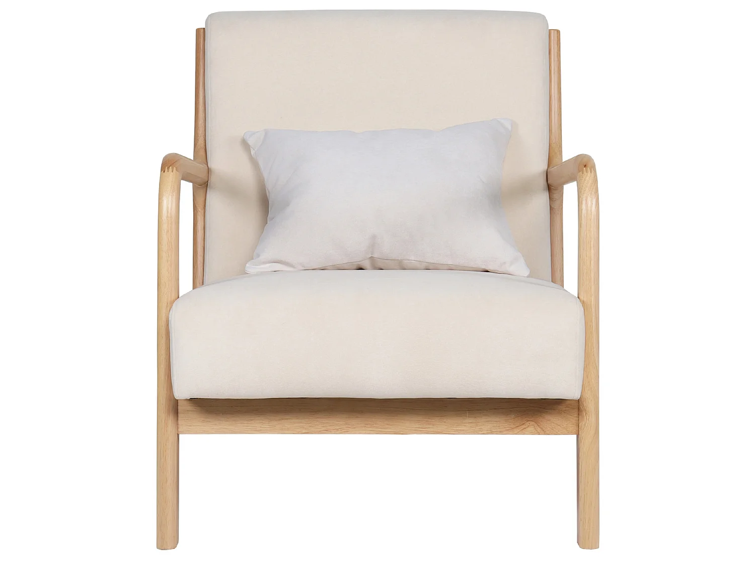Fauteuil rembourré en tissu microfibre beige avec pieds en bois massif naturel - Longueur 65 x Profondeur 83 x Hauteur 72 cm