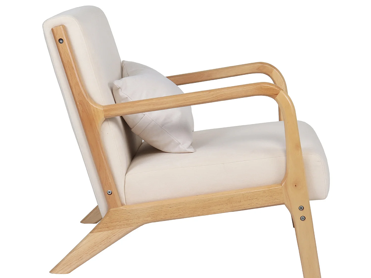 Fauteuil rembourré en tissu microfibre beige avec pieds en bois massif naturel - Longueur 65 x Profondeur 83 x Hauteur 72 cm