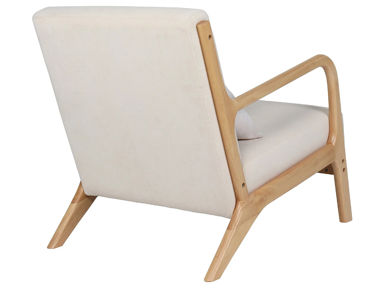 Fauteuil rembourré en tissu microfibre beige avec pieds en bois massif naturel - Longueur 65 x Profondeur 83 x Hauteur 72 cm