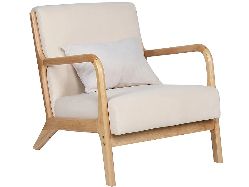 Fauteuil rembourré en tissu microfibre beige avec pieds en bois massif naturel - Longueur 65 x Profondeur 83 x Hauteur 72 cm