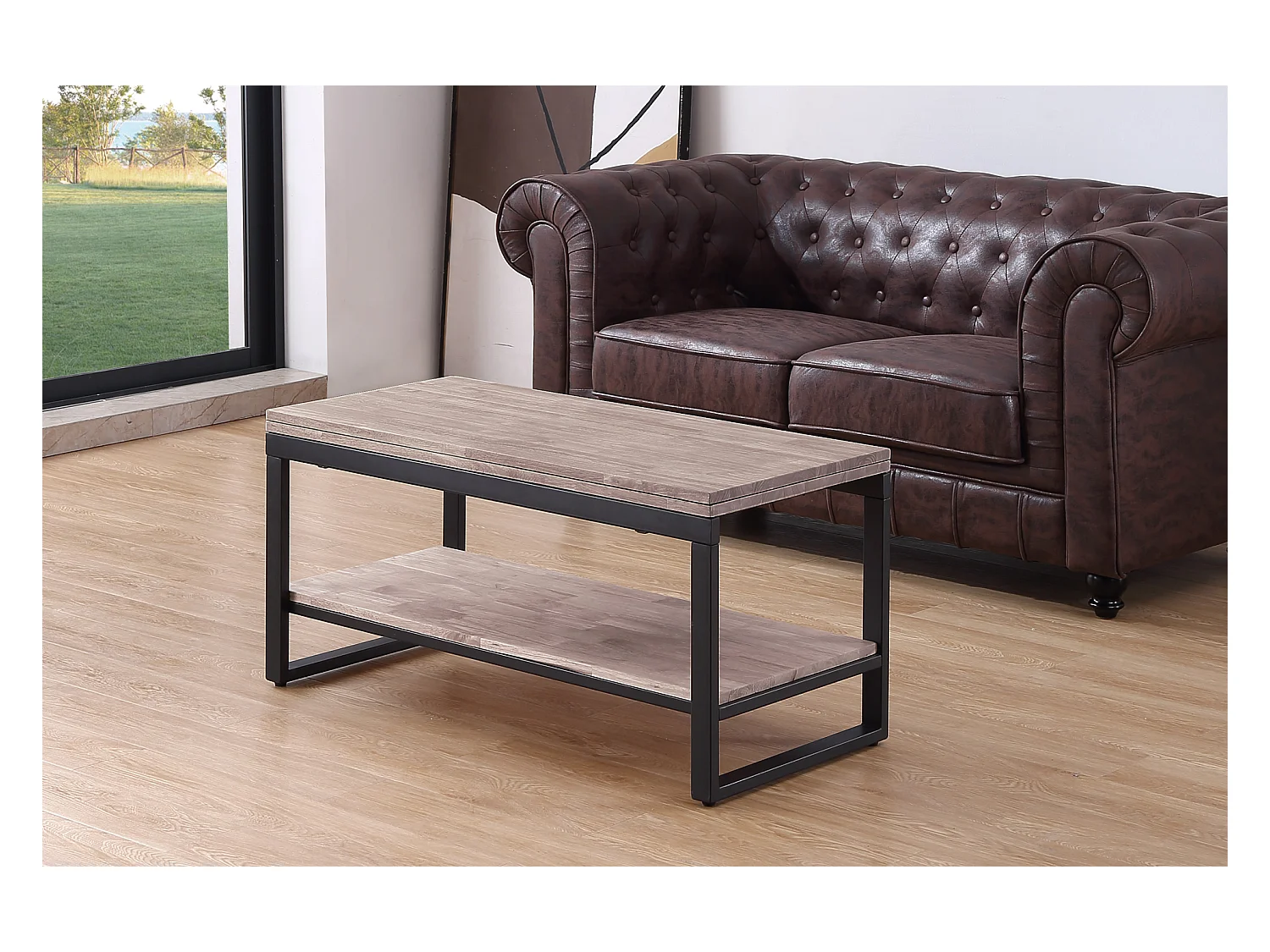 Table basse relevable et extensible en bois de chêne miel avec pieds en métal-Longueur 100 x Profondeur 45-90 x Hauteur 47-62 cm