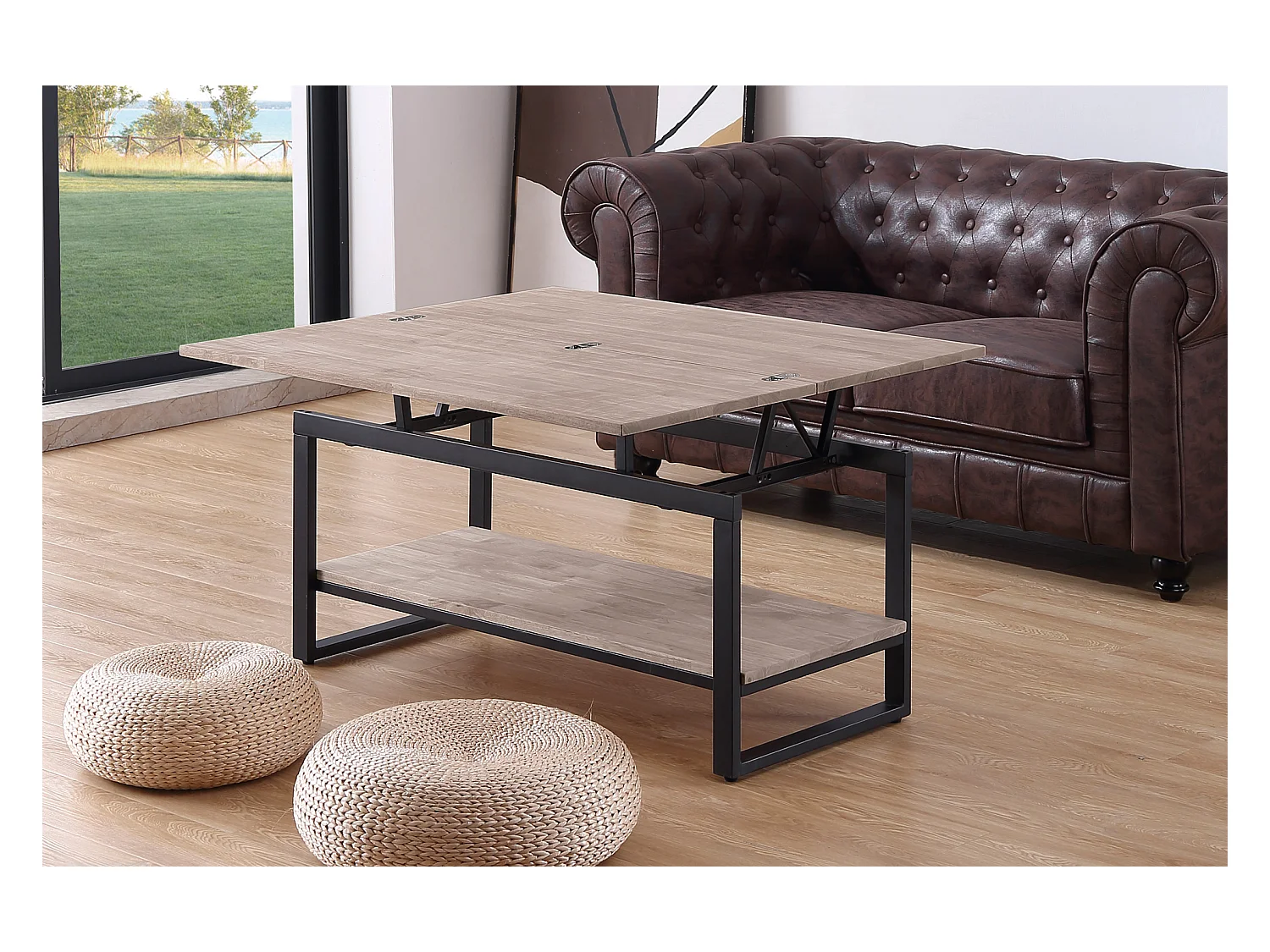 Table basse relevable et extensible en bois de chêne miel avec pieds en métal-Longueur 100 x Profondeur 45-90 x Hauteur 47-62 cm
