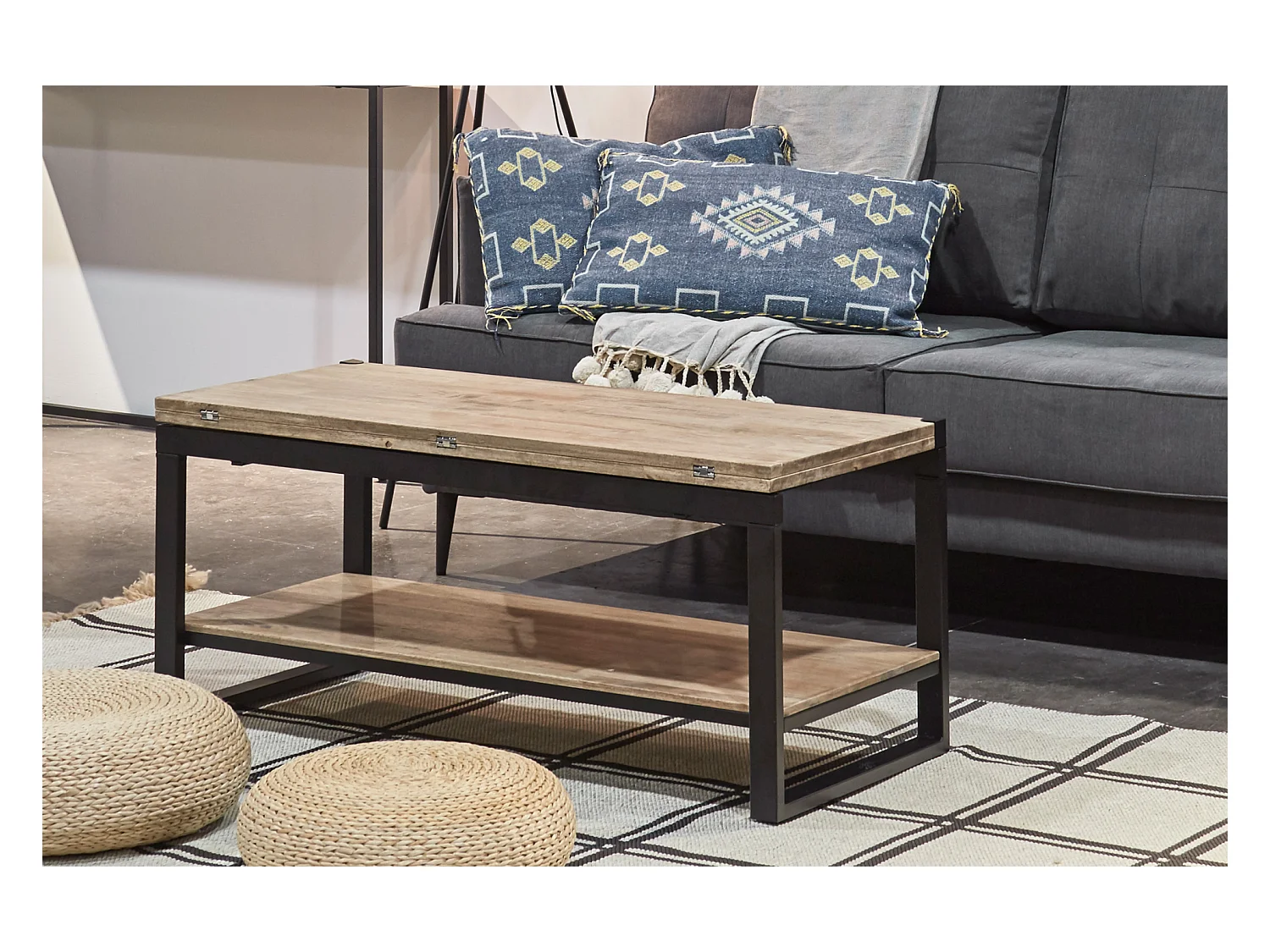 Table basse relevable et extensible en bois de chêne miel avec pieds en métal-Longueur 100 x Profondeur 45-90 x Hauteur 47-62 cm