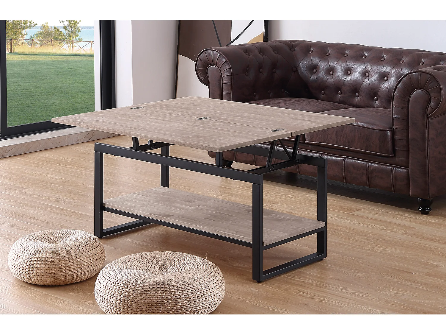 Table basse relevable et extensible en bois de chêne miel avec pieds en métal-Longueur 100 x Profondeur 45-90 x Hauteur 47-62 cm