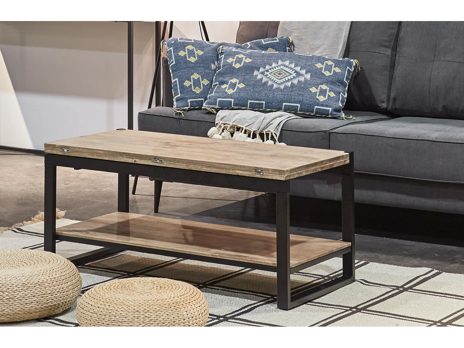 Table basse relevable et extensible en bois de chêne miel avec pieds en métal-Longueur 100 x Profondeur 45-90 x Hauteur 47-62 cm