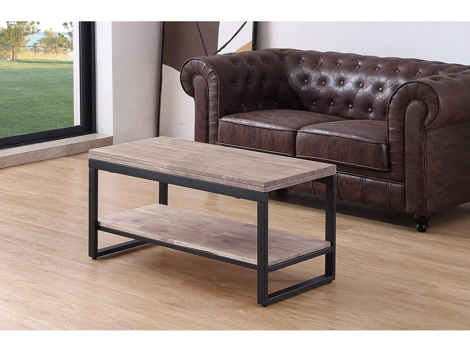 Table basse relevable et extensible en bois de chêne miel avec pieds en métal-Longueur 100 x Profondeur 45-90 x Hauteur 47-62 cm