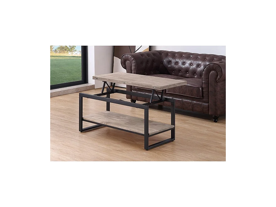 Table basse relevable et extensible en bois de chêne miel avec pieds en métal-Longueur 100 x Profondeur 45-90 x Hauteur 47-62 cm