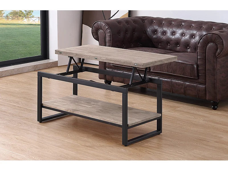 Table basse relevable et extensible en bois de chêne miel avec pieds en métal-Longueur 100 x Profondeur 45-90 x Hauteur 47-62 cm