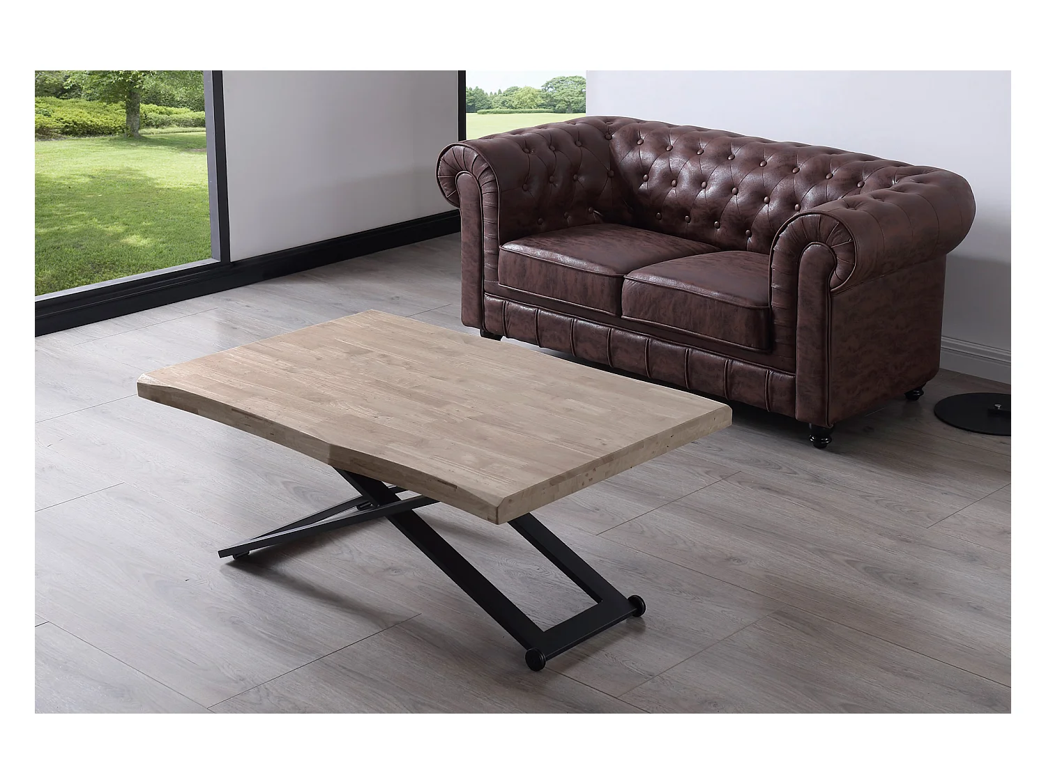 Table basse relevable de salon en bois de chêne miel avec pieds en métal noir - Longueur 120 x Profondeur 80 x Hauteur 49-76 cm