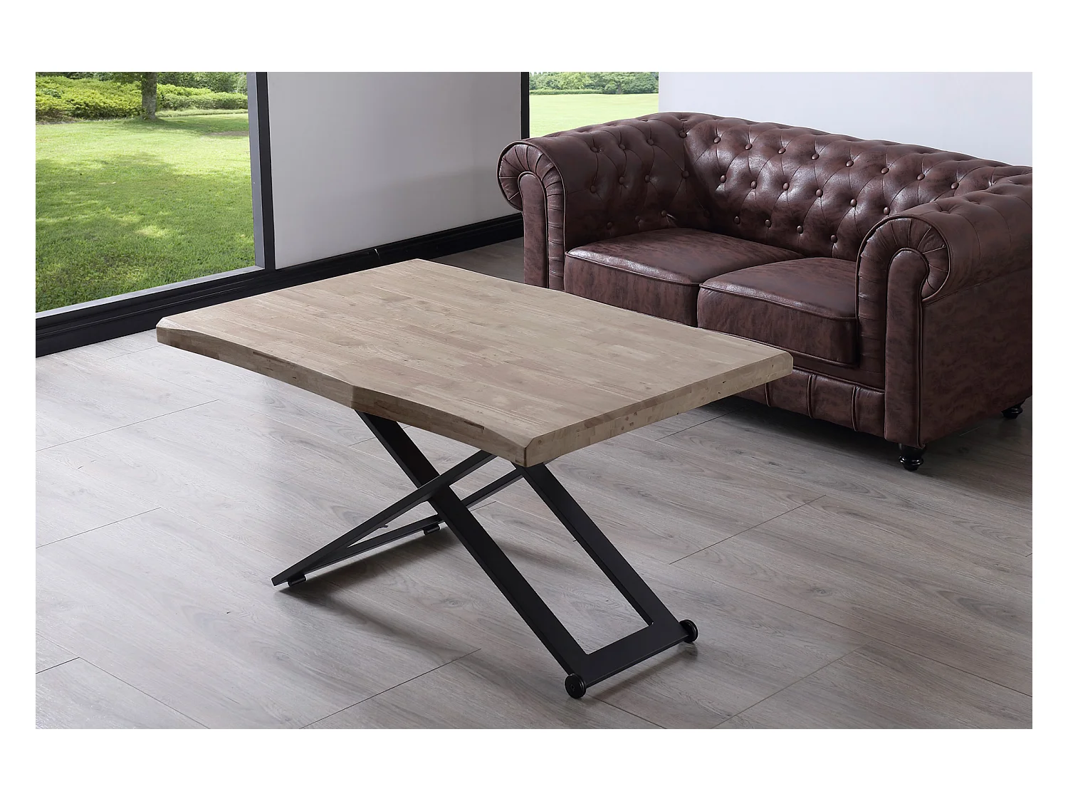 Table basse relevable de salon en bois de chêne miel avec pieds en métal noir - Longueur 120 x Profondeur 80 x Hauteur 49-76 cm