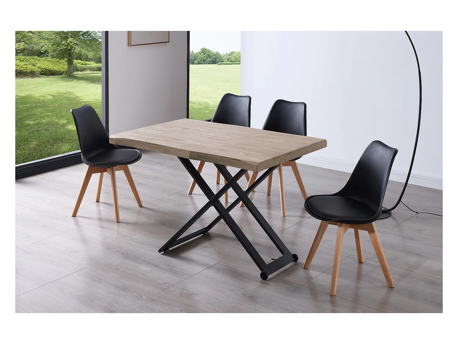 Table basse relevable de salon en bois de chêne miel avec pieds en métal noir - Longueur 120 x Profondeur 80 x Hauteur 49-76 cm