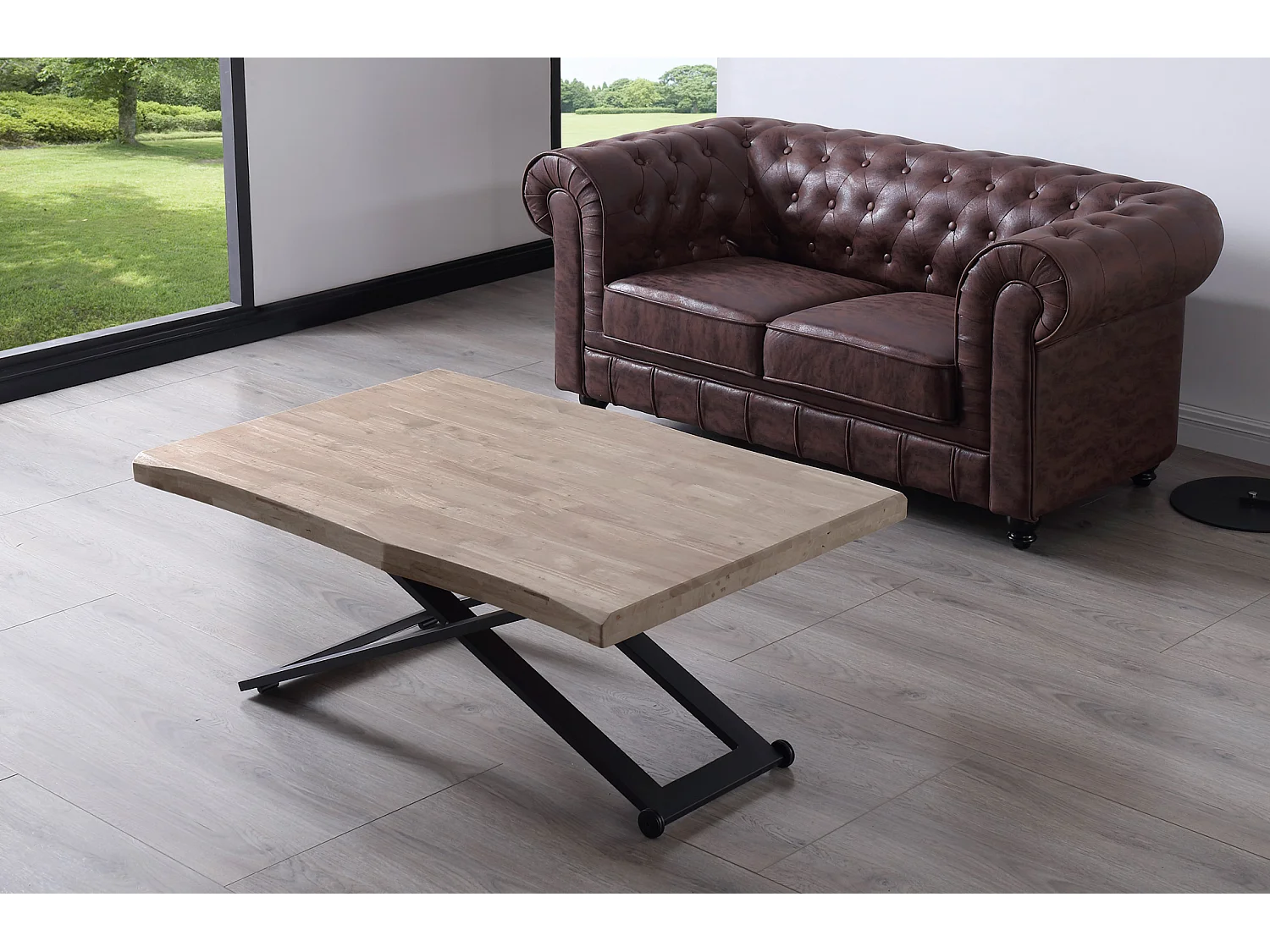 Table basse relevable de salon en bois de chêne miel avec pieds en métal noir - Longueur 120 x Profondeur 80 x Hauteur 49-76 cm