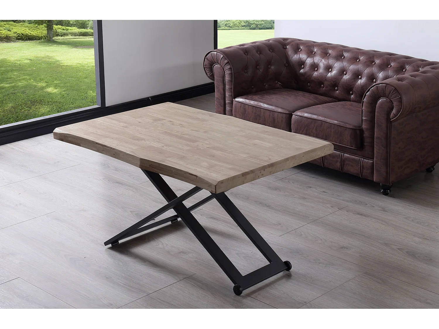 Table basse relevable de salon en bois de chêne miel avec pieds en métal noir - Longueur 120 x Profondeur 80 x Hauteur 49-76 cm