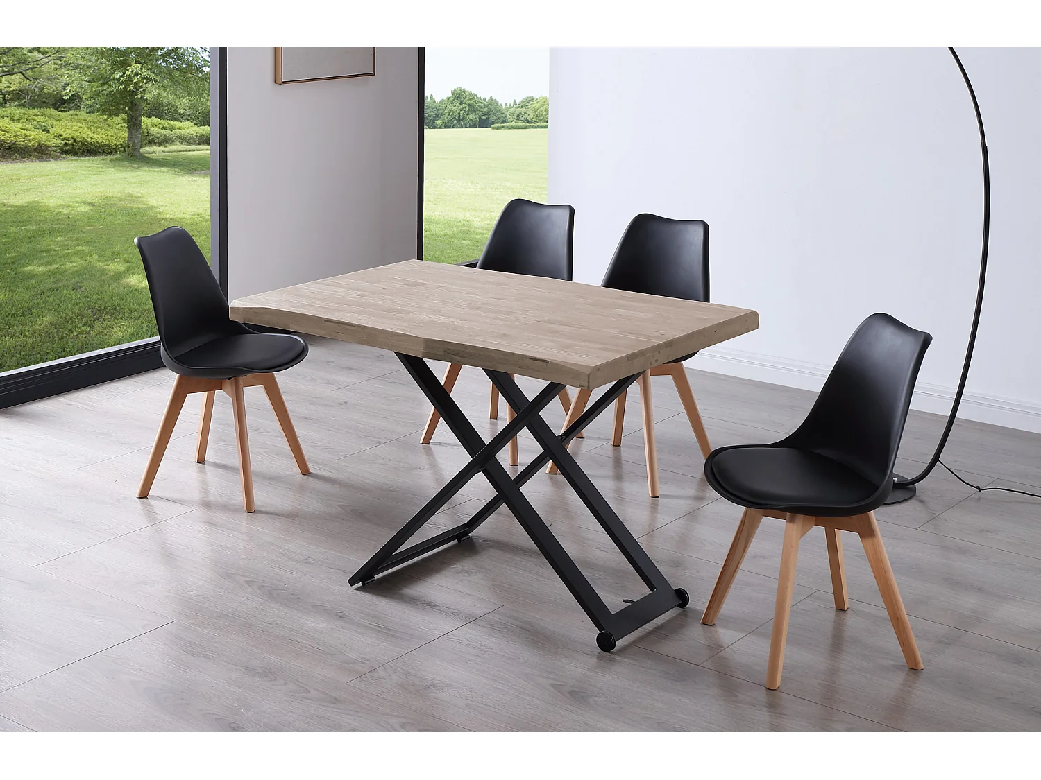 Table basse relevable de salon en bois de chêne miel avec pieds en métal noir - Longueur 120 x Profondeur 80 x Hauteur 49-76 cm