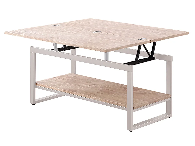 Table basse relevable et extensible en bois de chêne avec pied en métal blanc-Longueur 100 x Profondeur 45-90 x Hauteur 47-62 cm