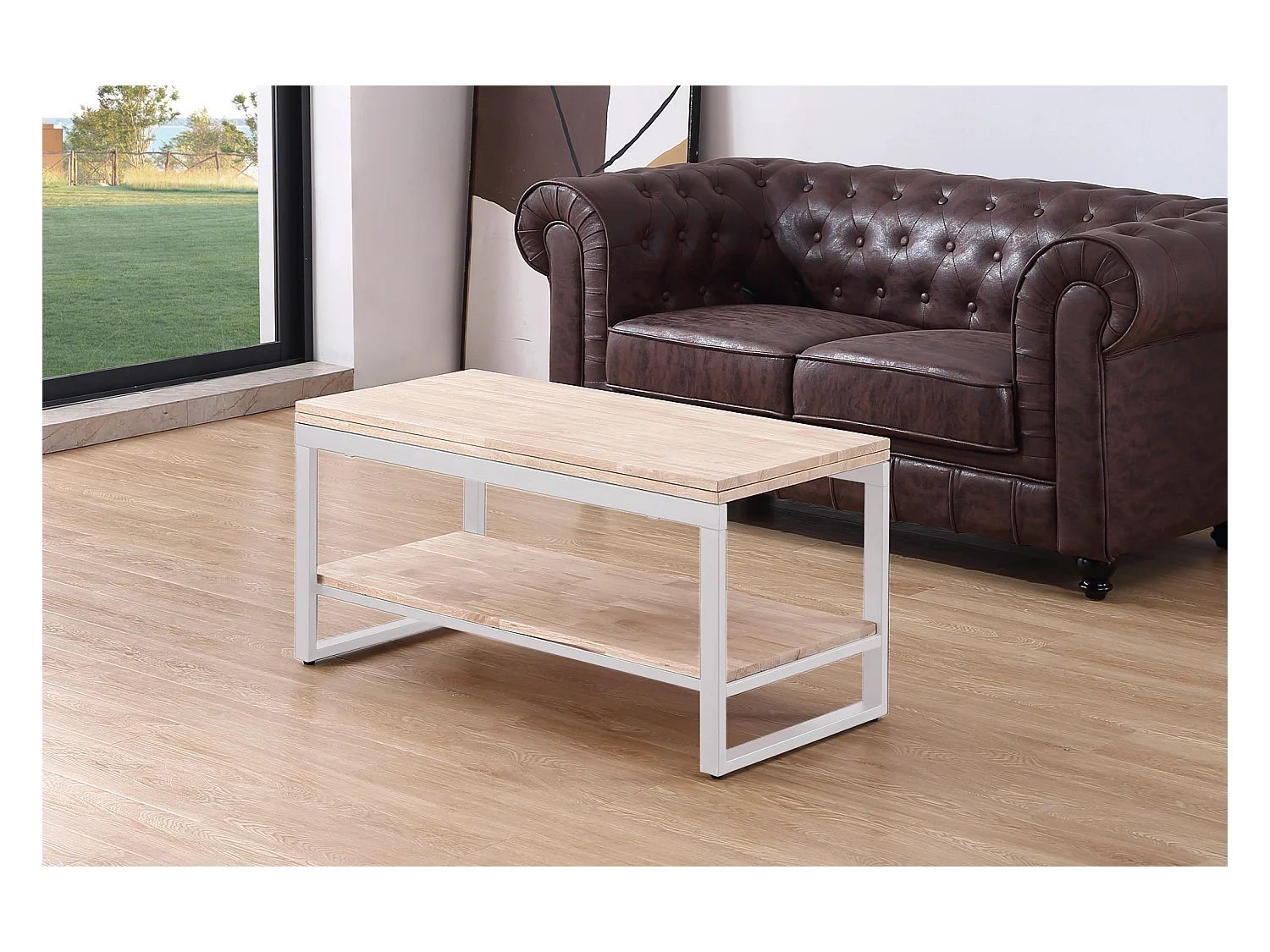 Table basse relevable et extensible en bois de chêne avec pied en métal blanc-Longueur 100 x Profondeur 45-90 x Hauteur 47-62 cm