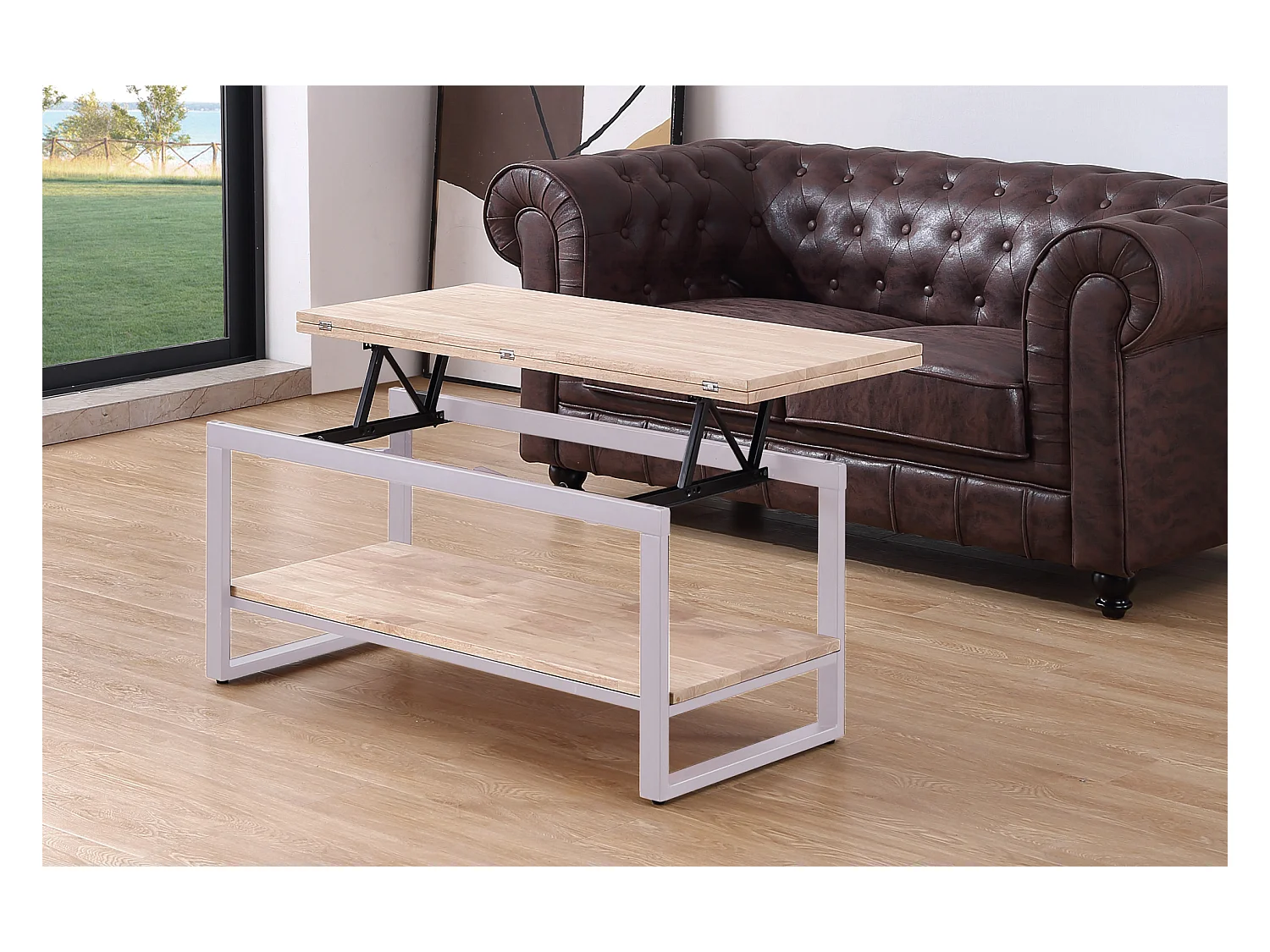 Table basse relevable et extensible en bois de chêne avec pied en métal blanc-Longueur 100 x Profondeur 45-90 x Hauteur 47-62 cm