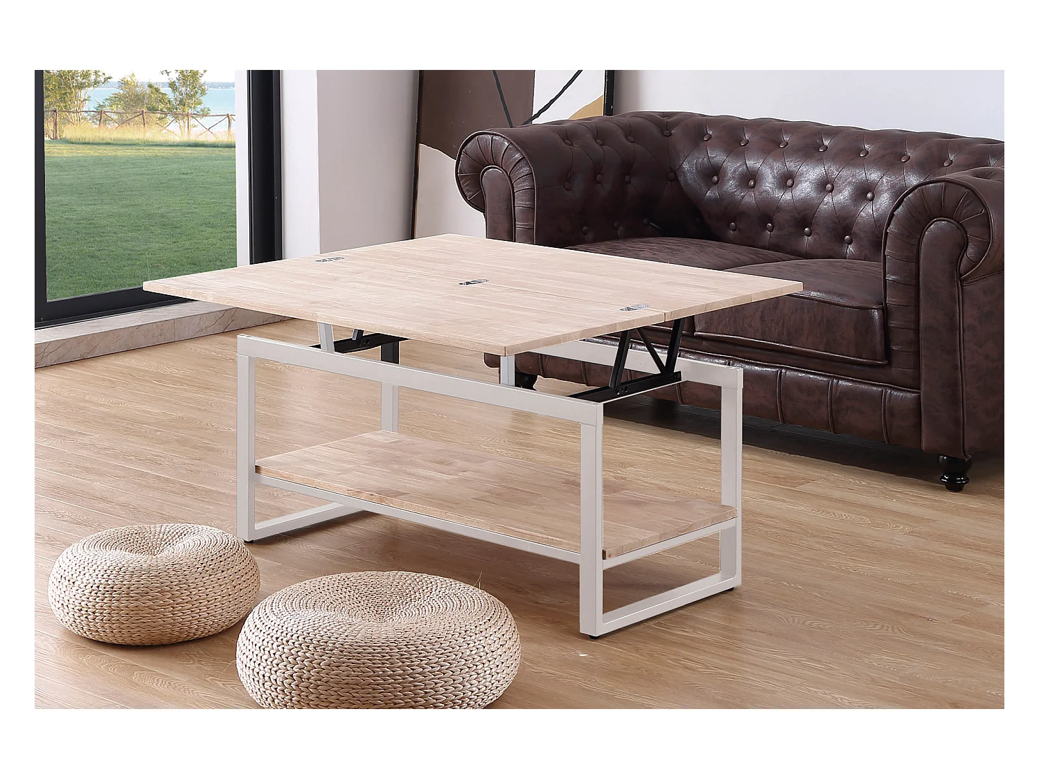 Table basse relevable et extensible en bois de chêne avec pied en métal blanc-Longueur 100 x Profondeur 45-90 x Hauteur 47-62 cm