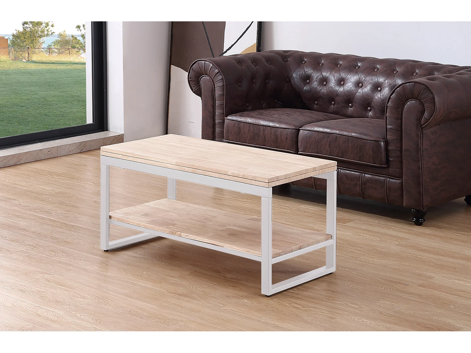Table basse relevable et extensible en bois de chêne avec pied en métal blanc-Longueur 100 x Profondeur 45-90 x Hauteur 47-62 cm