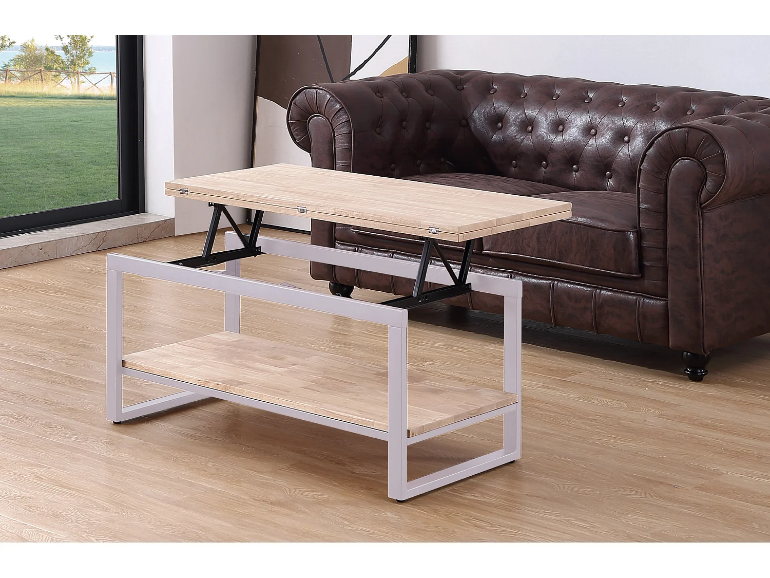 Table basse relevable et extensible en bois de chêne avec pied en métal blanc-Longueur 100 x Profondeur 45-90 x Hauteur 47-62 cm