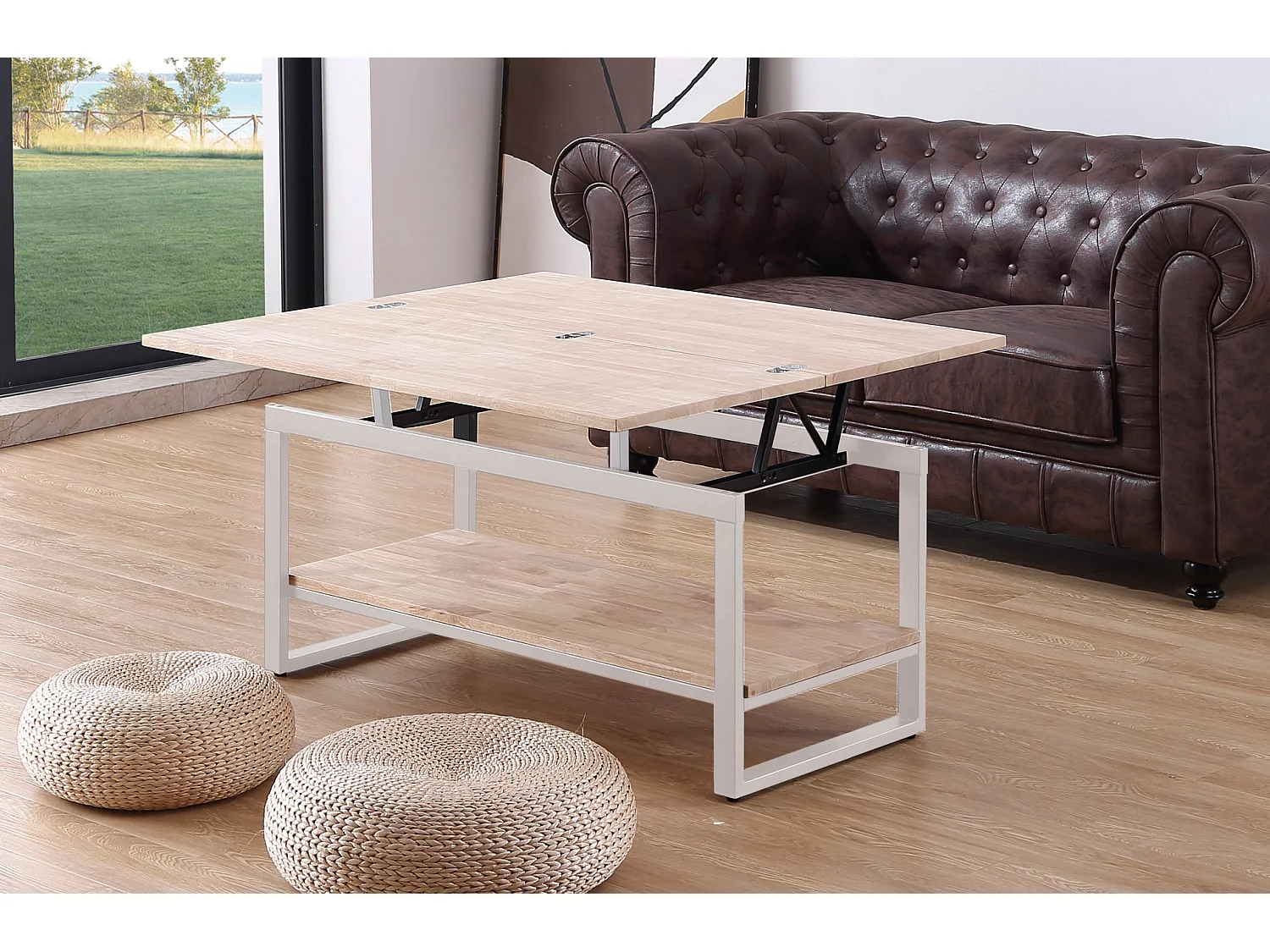 Table basse relevable et extensible en bois de chêne avec pied en métal blanc-Longueur 100 x Profondeur 45-90 x Hauteur 47-62 cm