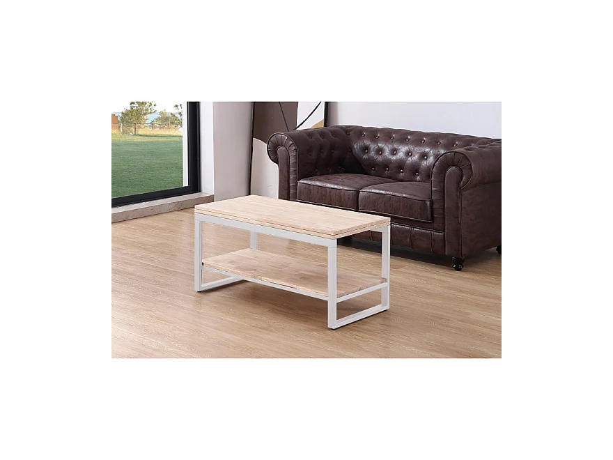 Table basse relevable et extensible en bois de chêne avec pied en métal blanc-Longueur 100 x Profondeur 45-90 x Hauteur 47-62 cm