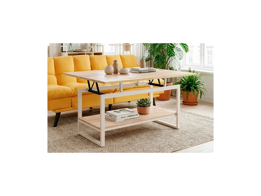 Table basse relevable et extensible en bois de chêne avec pied en métal blanc-Longueur 100 x Profondeur 45-90 x Hauteur 47-62 cm