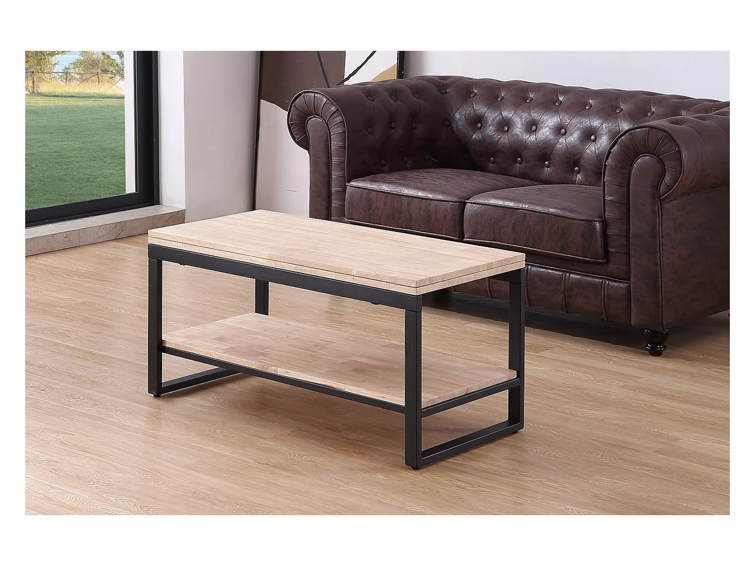 Table basse relevable et extensible en bois de chêne avec pieds en métal noir-Longueur 100 x Profondeur 45-90 x Hauteur 47-62 cm