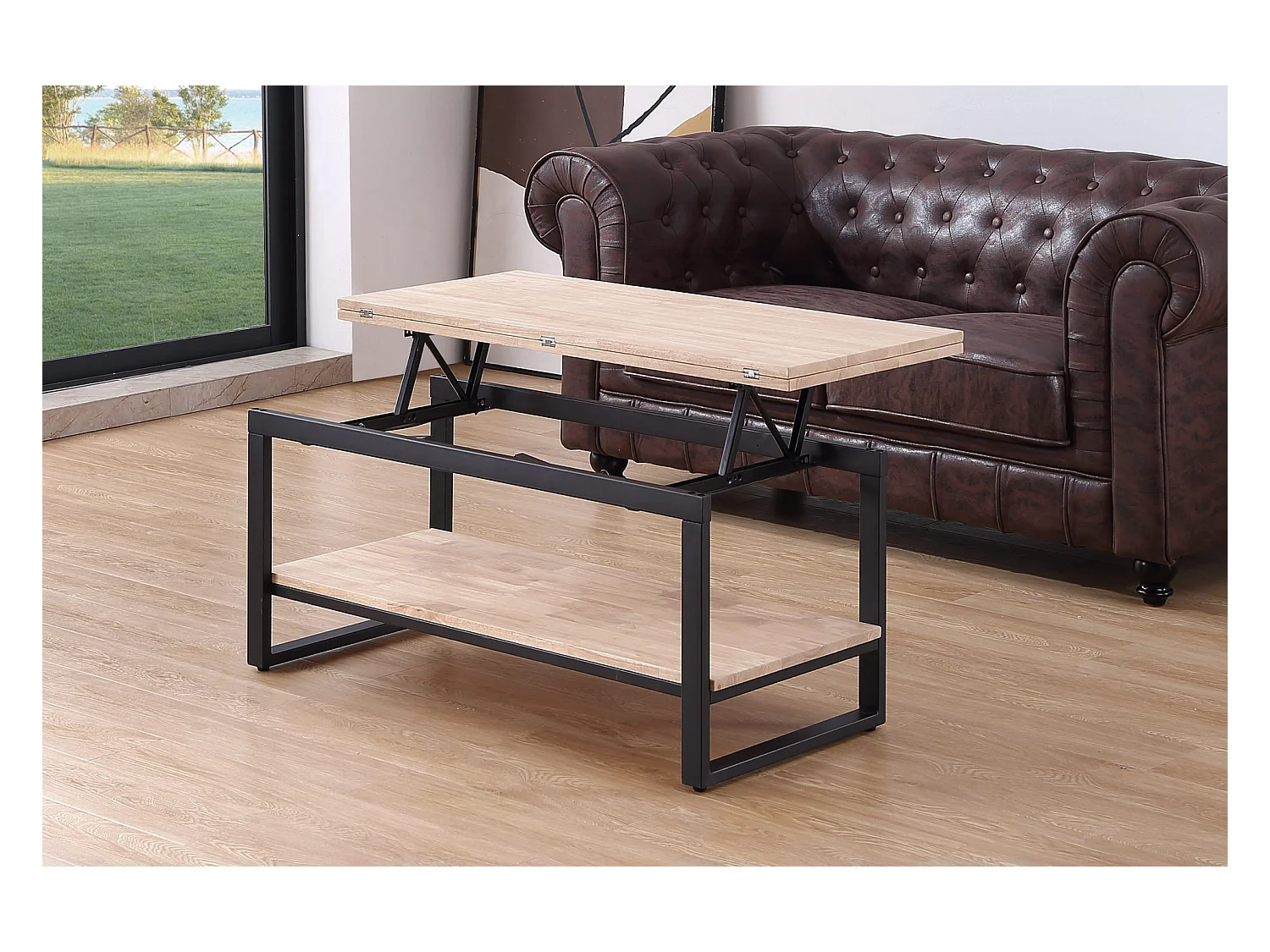 Table basse relevable et extensible en bois de chêne avec pieds en métal noir-Longueur 100 x Profondeur 45-90 x Hauteur 47-62 cm