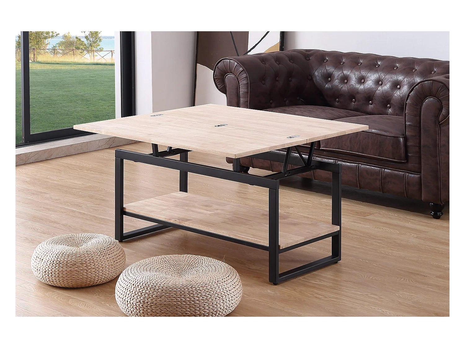 Table basse relevable et extensible en bois de chêne avec pieds en métal noir-Longueur 100 x Profondeur 45-90 x Hauteur 47-62 cm