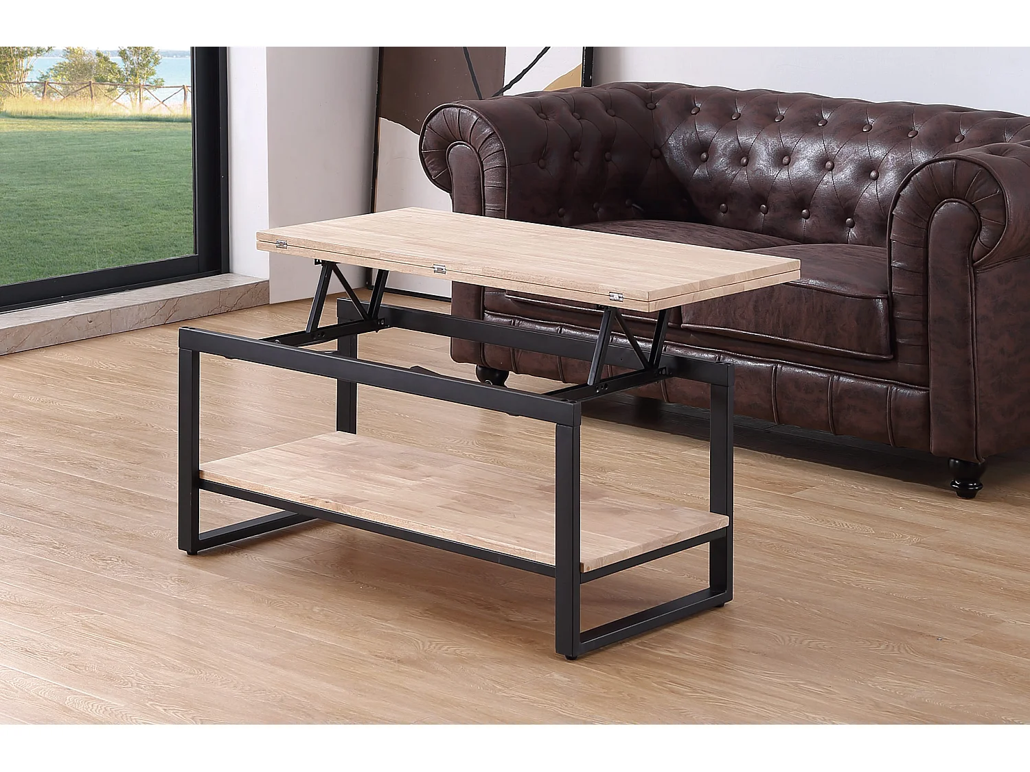 Table basse relevable et extensible en bois de chêne avec pieds en métal noir-Longueur 100 x Profondeur 45-90 x Hauteur 47-62 cm