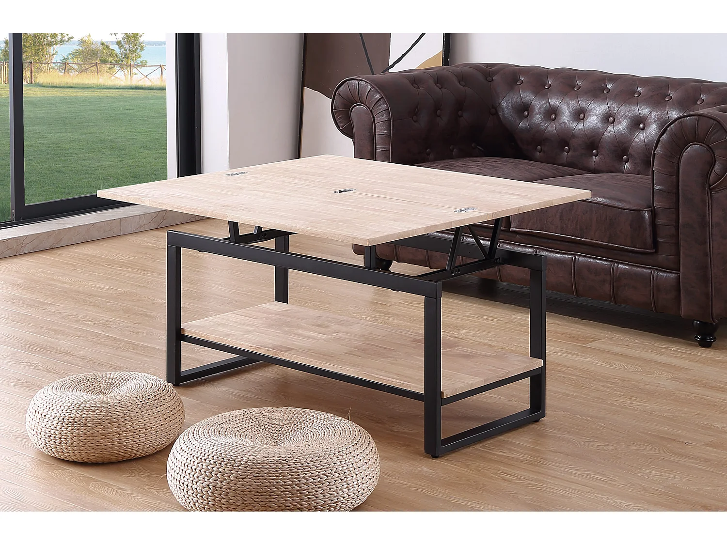 Table basse relevable et extensible en bois de chêne avec pieds en métal noir-Longueur 100 x Profondeur 45-90 x Hauteur 47-62 cm