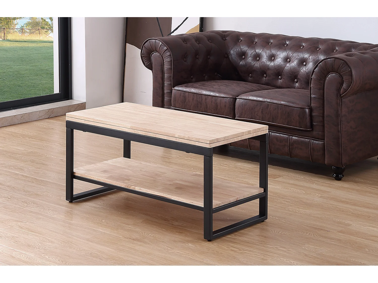 Table basse relevable et extensible en bois de chêne avec pieds en métal noir - Longueur 100 x Profondeur 45-90 x Hauteur 47-62 cm