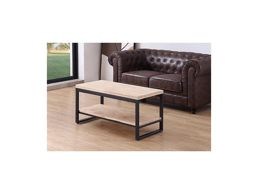 Table basse relevable et extensible en bois de chêne avec pieds en métal noir - Longueur 100 x Profondeur 45-90 x Hauteur 47-62 cm