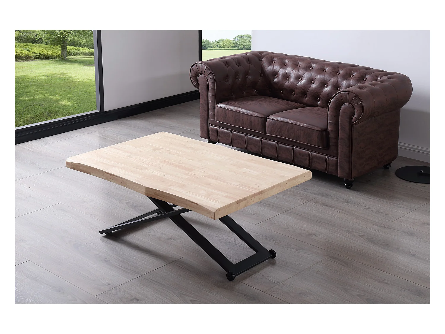 Table basse relevable de salon en bois de chêne naturel avec pieds en métal noir Longueur 120 x Profondeur 80 x Hauteur 49-76 cm