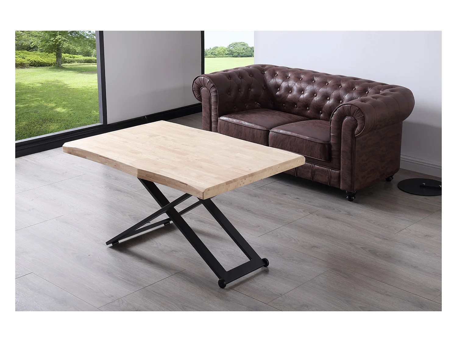 Table basse relevable de salon en bois de chêne naturel avec pieds en métal noir Longueur 120 x Profondeur 80 x Hauteur 49-76 cm