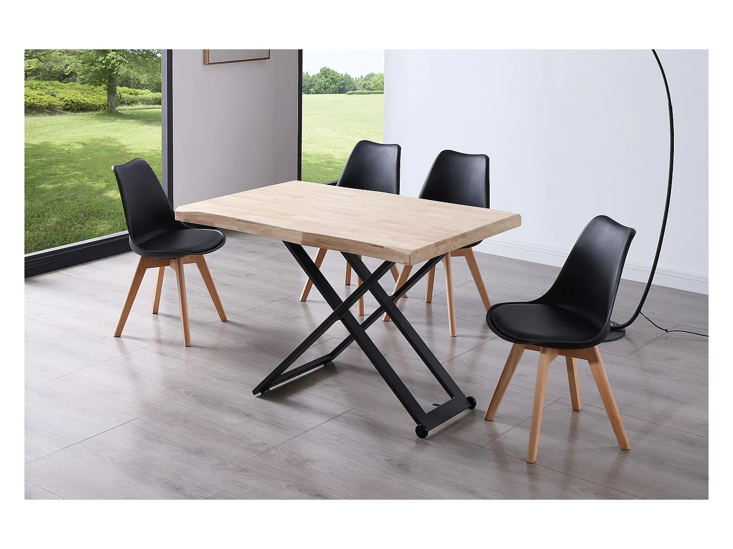 Table basse relevable de salon en bois de chêne naturel avec pieds en métal noir Longueur 120 x Profondeur 80 x Hauteur 49-76 cm