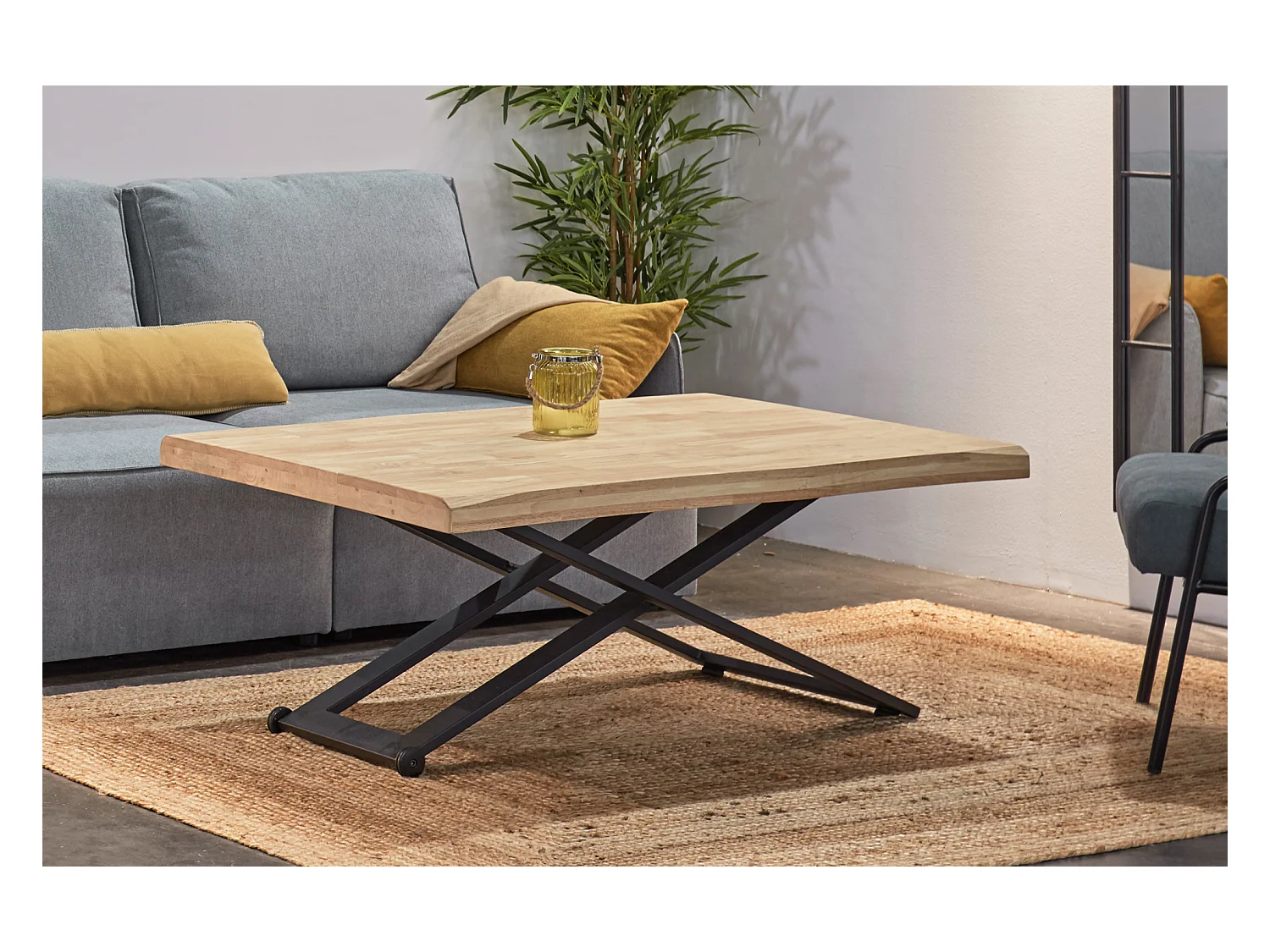 Table basse relevable de salon en bois de chêne naturel avec pieds en métal noir Longueur 120 x Profondeur 80 x Hauteur 49-76 cm