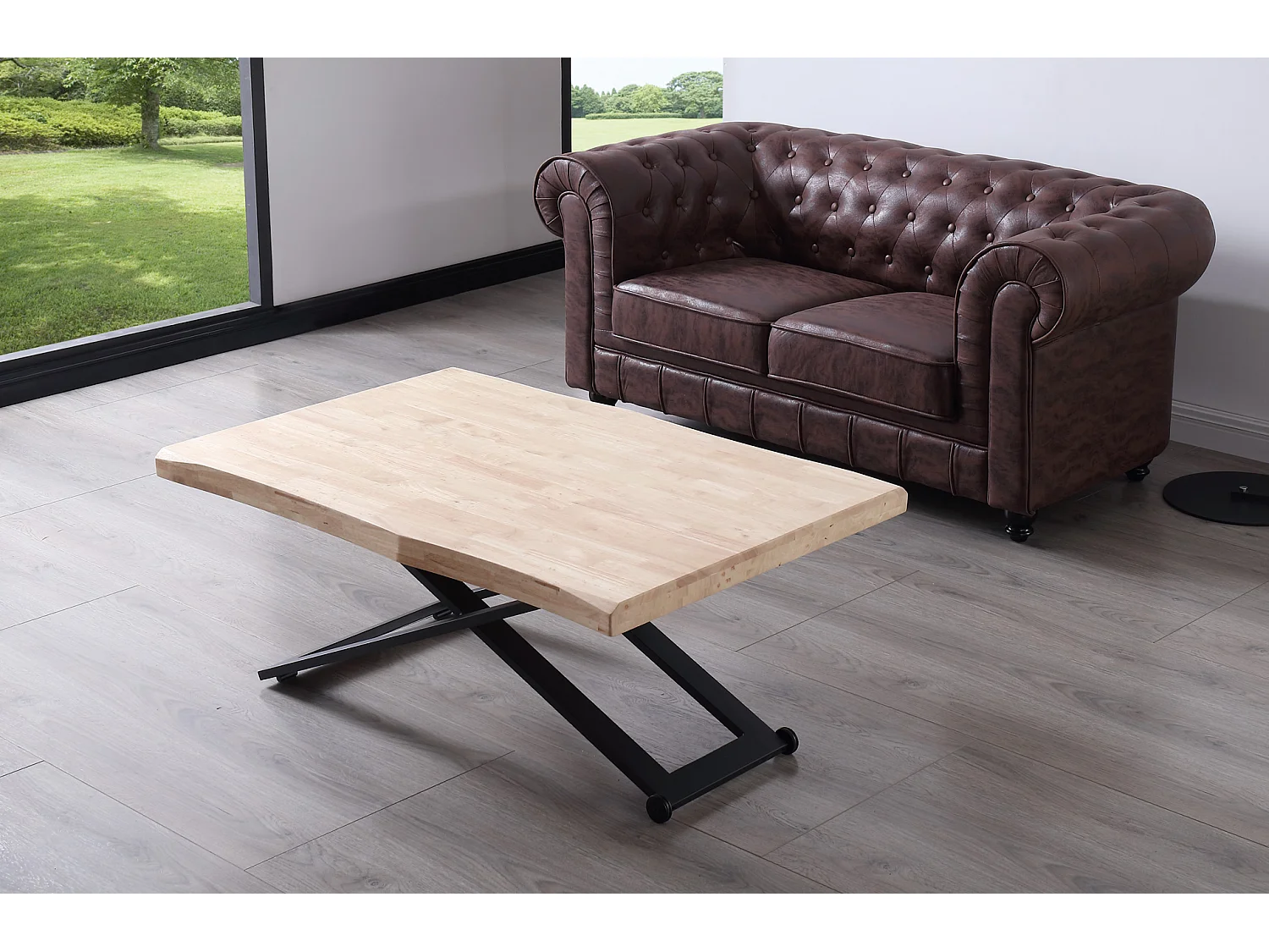 Table basse relevable de salon en bois de chêne naturel avec pieds en métal noir Longueur 120 x Profondeur 80 x Hauteur 49-76 cm