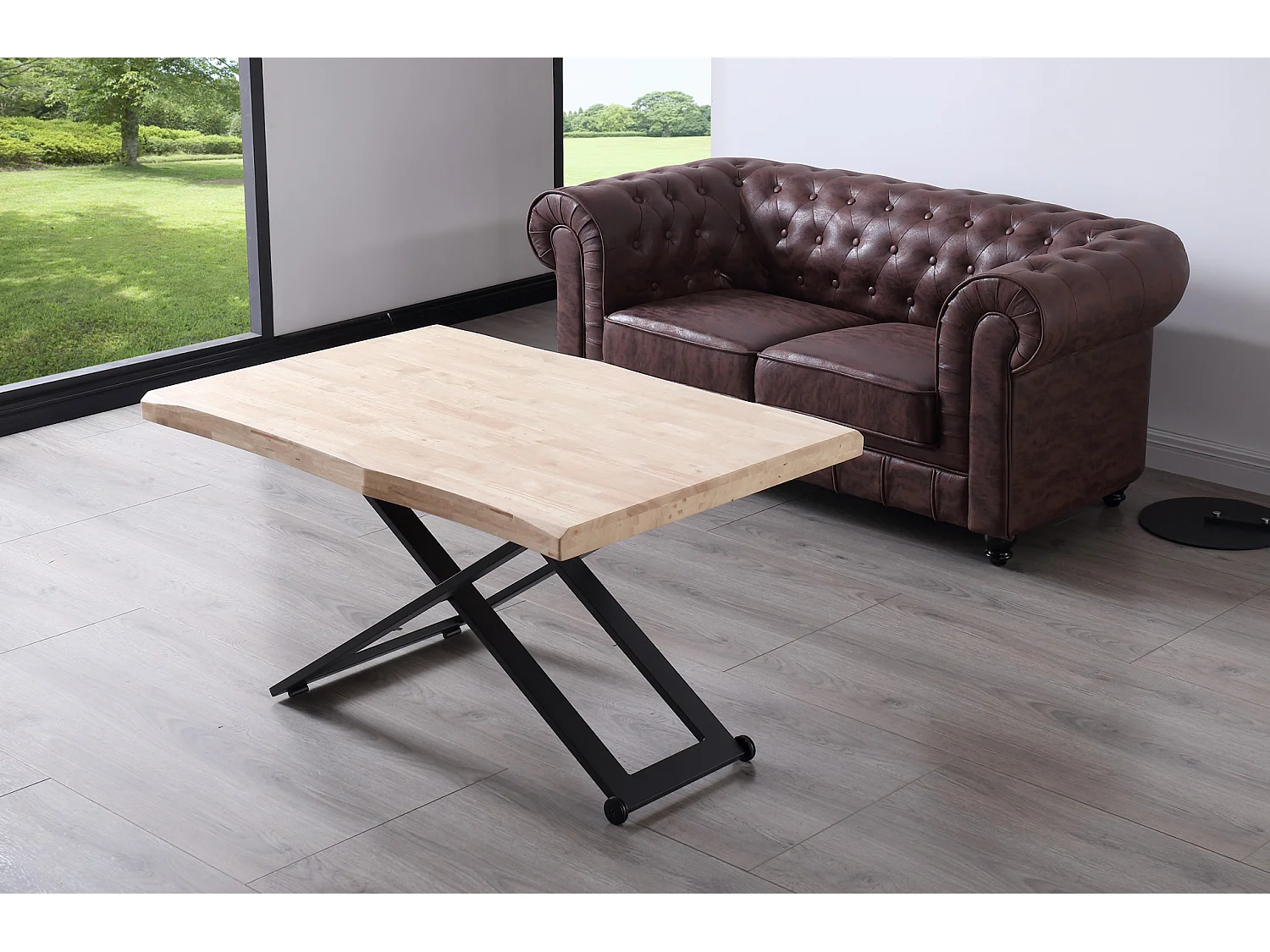 Table basse relevable de salon en bois de chêne naturel avec pieds en métal noir Longueur 120 x Profondeur 80 x Hauteur 49-76 cm