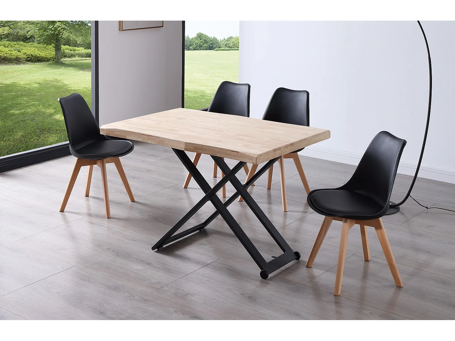 Table basse relevable de salon en bois de chêne naturel avec pieds en métal noir Longueur 120 x Profondeur 80 x Hauteur 49-76 cm