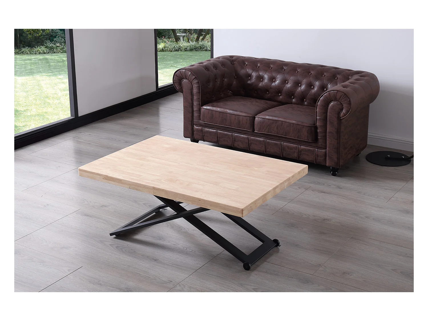 Table basse relevable de salon en bois de chêne naturel avec pieds en métal noir-Longueur 120 x Profondeur 80 x Hauteur 49-76 cm