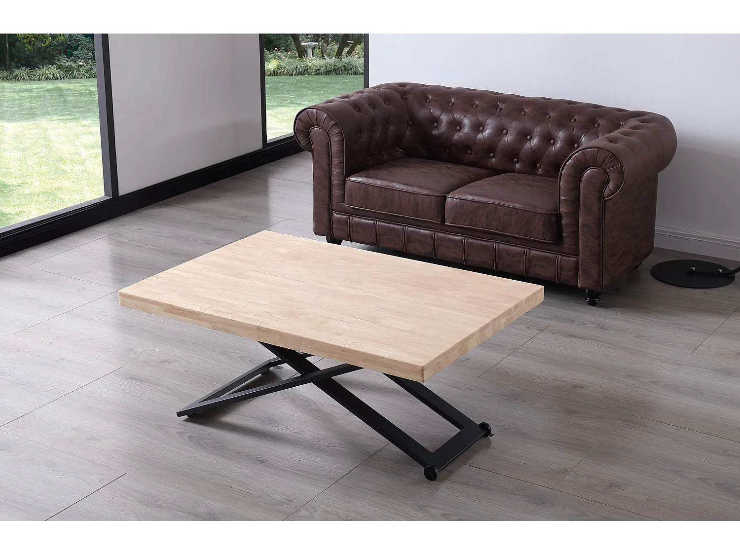 Table basse relevable de salon en bois de chêne naturel avec pieds en métal noir-Longueur 120 x Profondeur 80 x Hauteur 49-76 cm