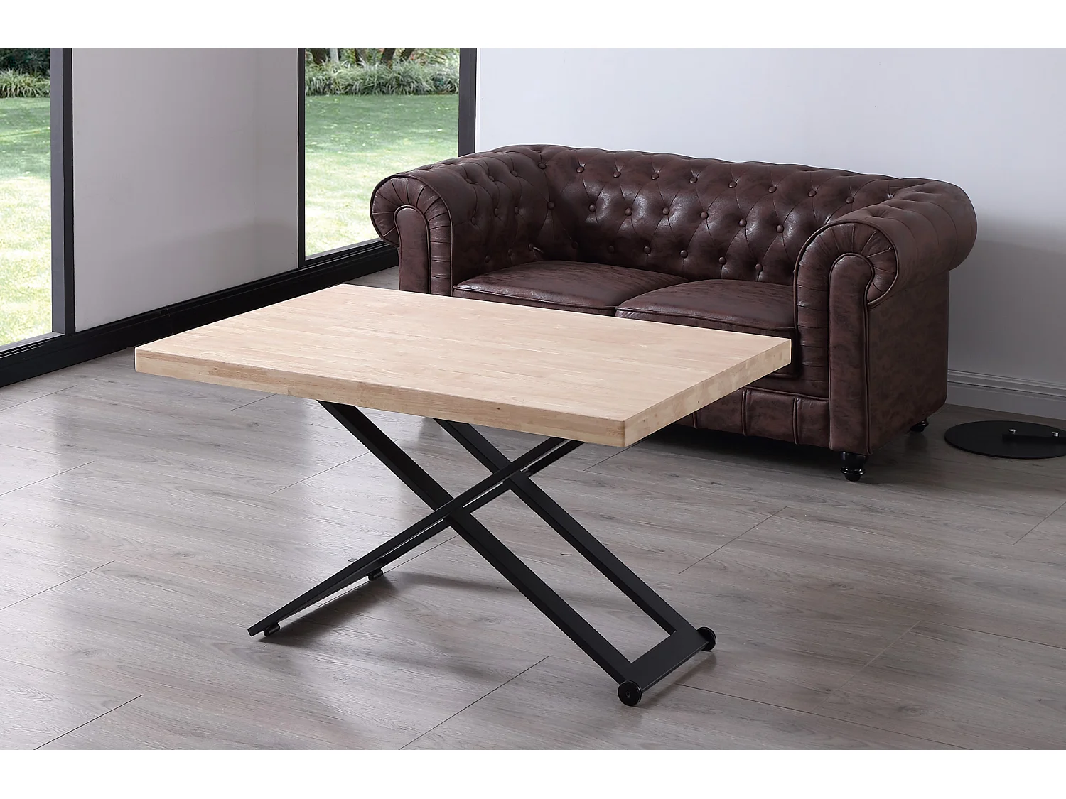 Table basse relevable de salon en bois de chêne naturel avec pieds en métal noir-Longueur 120 x Profondeur 80 x Hauteur 49-76 cm