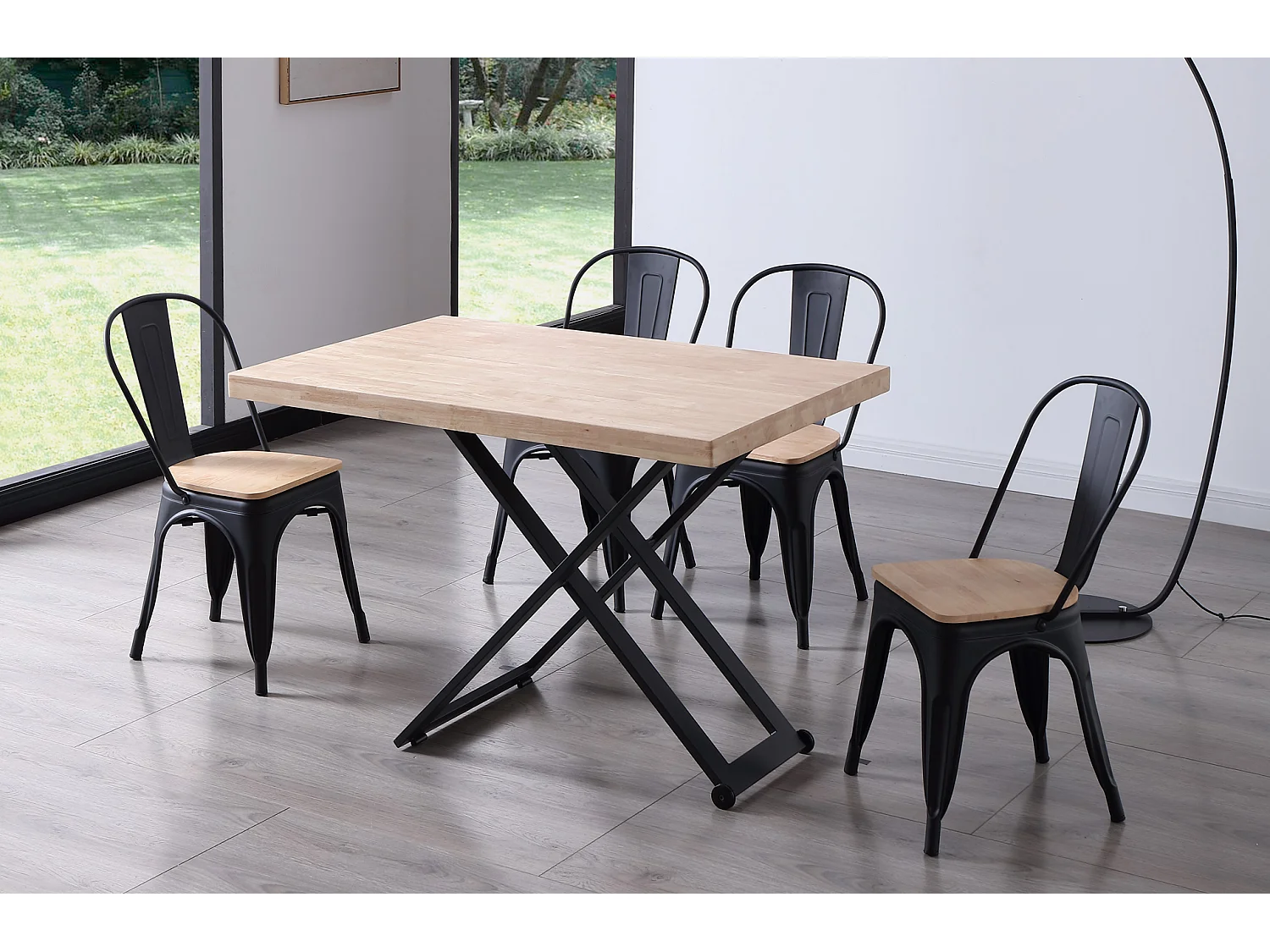 Table basse relevable de salon en bois de chêne naturel avec pieds en métal noir-Longueur 120 x Profondeur 80 x Hauteur 49-76 cm