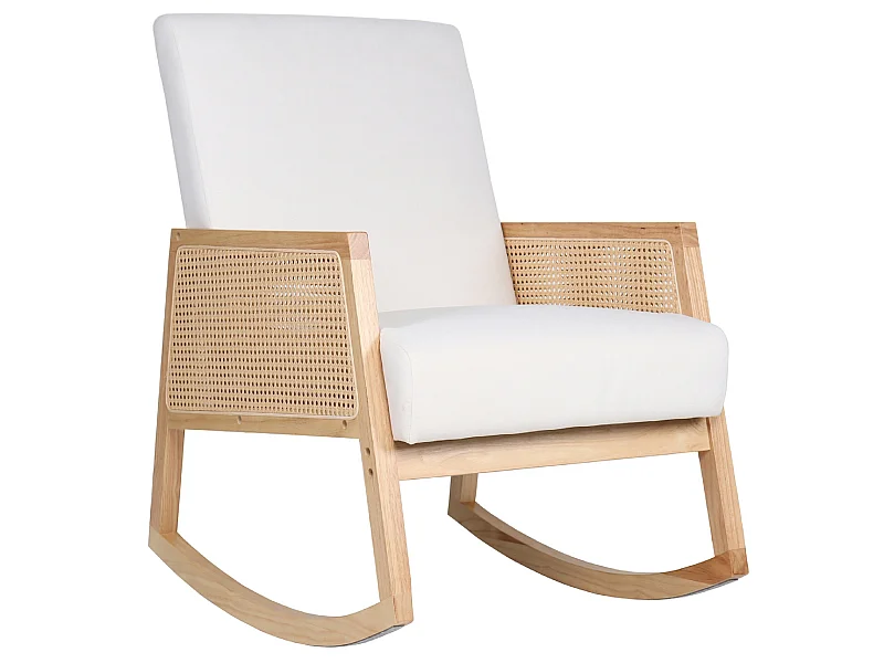 Fauteuil à bascule, chaise berçante rembourrée en microfibre crème/bois naturel - Longueur 82 x Profondeur 65 x Hauteur 98 cm